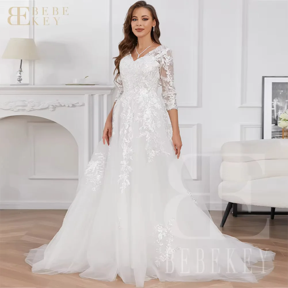 BEBEKEY Customized Elegant Lace V-Neck Wedding Dress Half Sleeve Bridal Gown Appliques A-Line Formal Party Dress Robe
BEBEKEY Customized Elegant Lace V-Neck Wedding Dress Half Sleeve Bridal Gown Appliques A-Line Formal Party Dress Robe