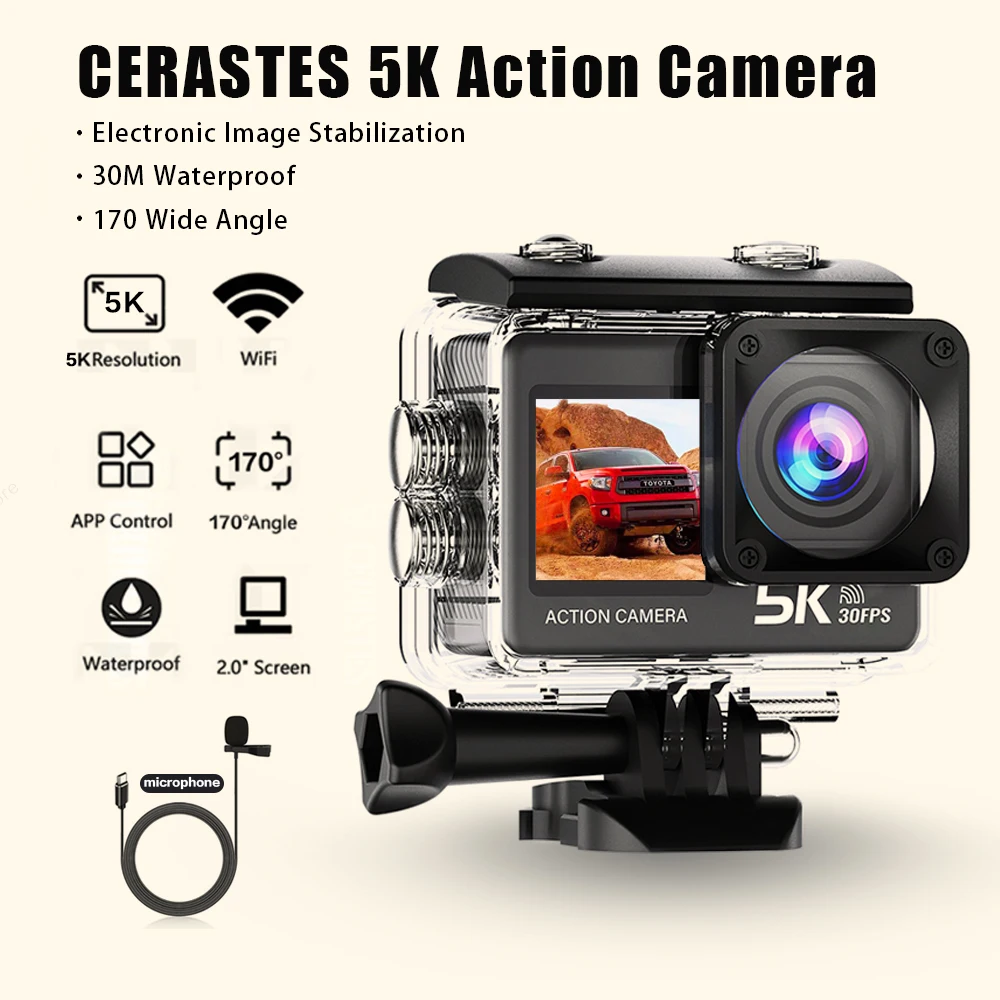 CERASTES Action Camera 5K 4K 60FPS WiFi Anti-shake Dual Screen 170° Wide Angle 30m Waterproof Sport Camera with Remote Control
CERASTES Action Camera 5K 4K 60FPS WiFi Anti-shake Dual Screen 170° Wide Angle 30m Waterproof Sport Camera with Remote Control