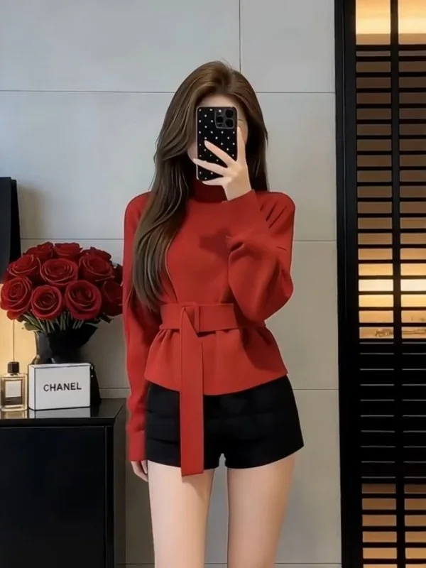Red High Collar Sweatshirt Women's Fashion Slimming Loose Waist Belted Top Warm Standard Fit Long Sleeve Pure Color Office Wear
Red High Collar Sweatshirt Women's Fashion Slimming Loose Waist Belted Top Warm Standard Fit Long Sleeve Pure Color Office Wear