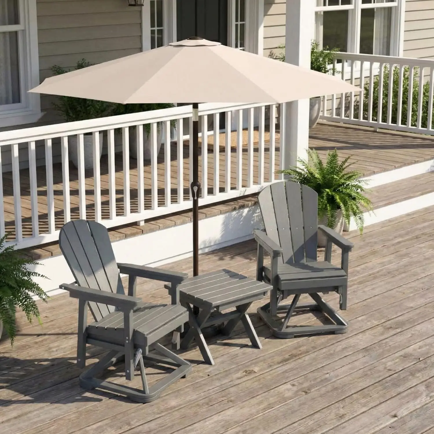 HDPE Swivel Glider Chair Set 2 Folding Table 9FT Umbrella Wood Texture Porch Balcony Poolside Grey, Customized
HDPE Swivel Glider Chair Set 2 Folding Table 9FT Umbrella Wood Texture Porch Balcony Poolside Grey, Customized