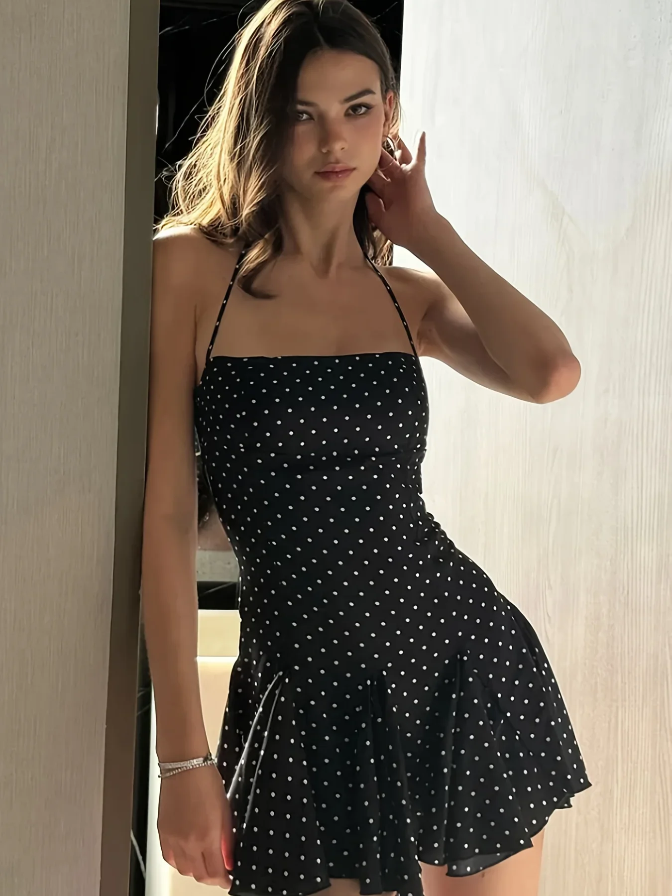 Women's Black Polka Dot Halter Mini Dress - Sleeveless Ruffle Hem Backless Dress
Women's Black Polka Dot Halter Mini Dress - Sleeveless Ruffle Hem Backless Dress