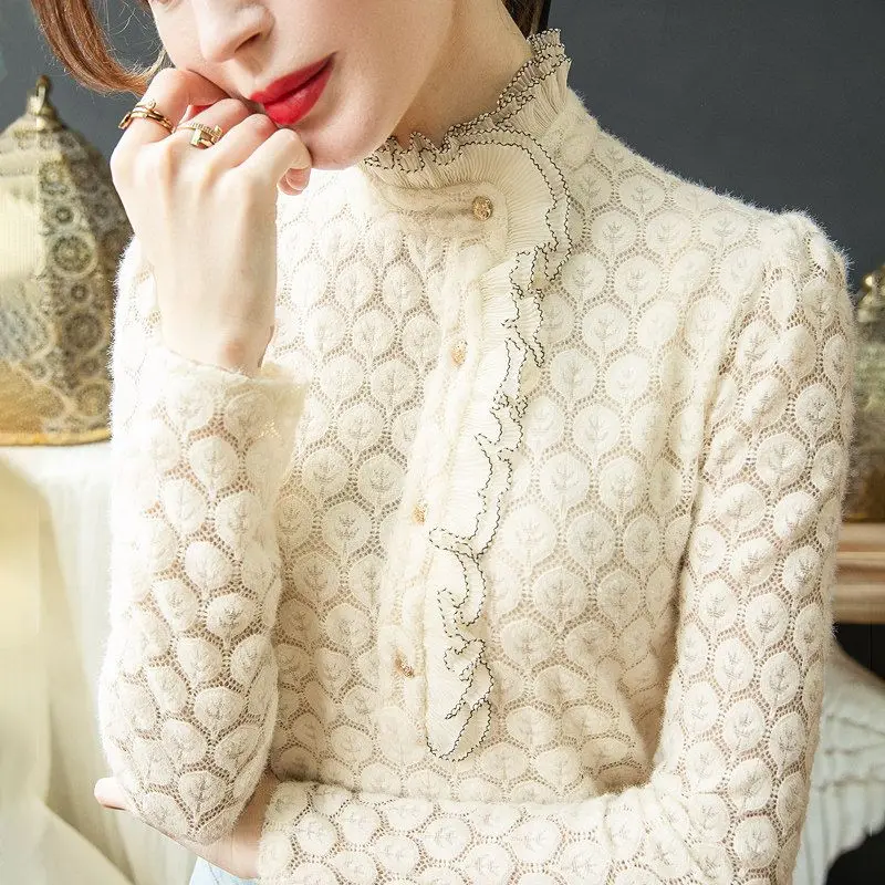 Spring Autuon French Fashion Elegant Lace Shirts Office Lady Simple Ruffles Long Sleeve Blouse Female Slim Solid Tops
Spring Autuon French Fashion Elegant Lace Shirts Office Lady Simple Ruffles Long Sleeve Blouse Female Slim Solid Tops