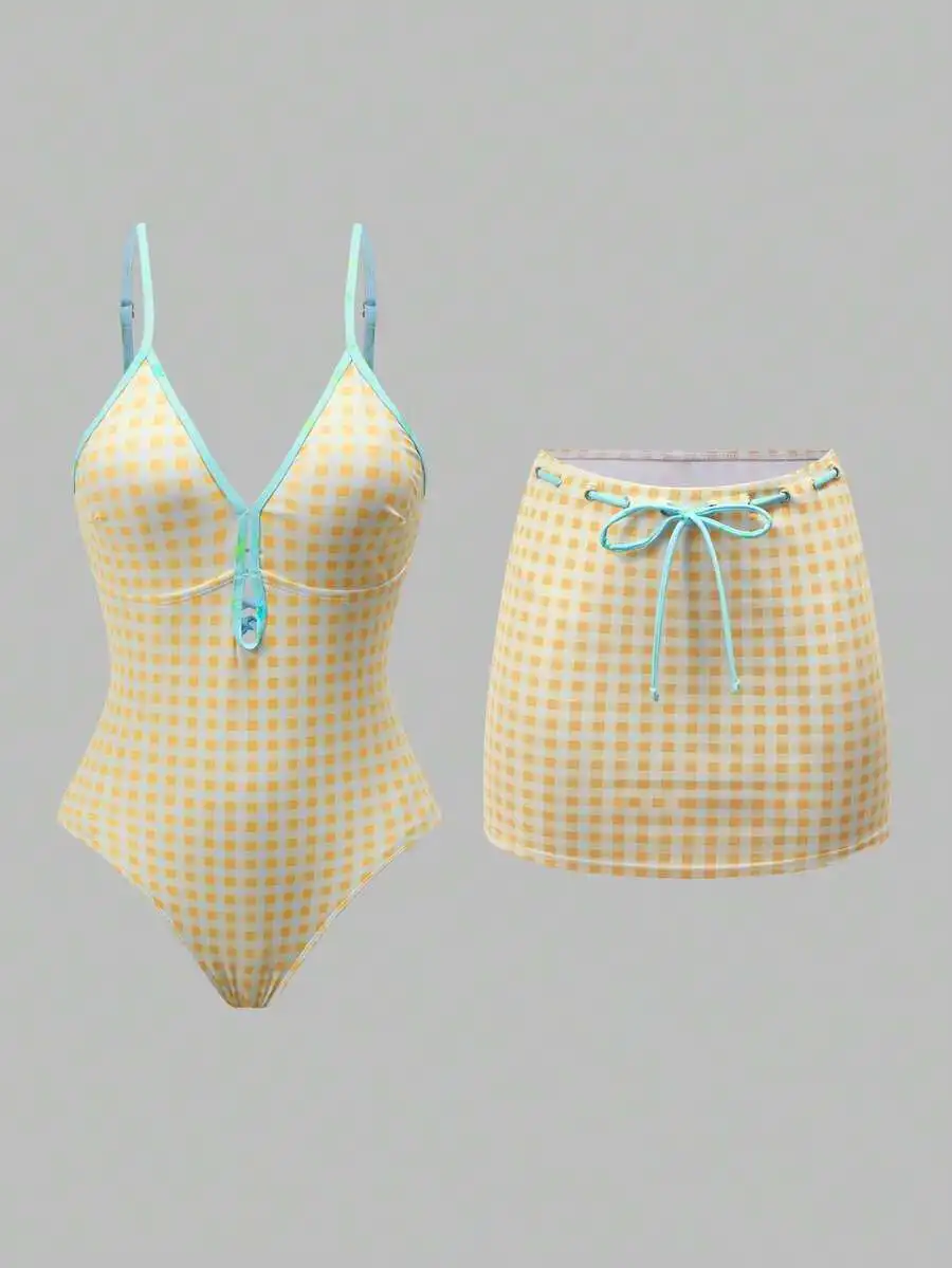 Women Retro Gingham Plaid One-Piece Swimsuit With Skirt Cover Up For Summer Vacation
Women Retro Gingham Plaid One-Piece Swimsuit With Skirt Cover Up For Summer Vacation