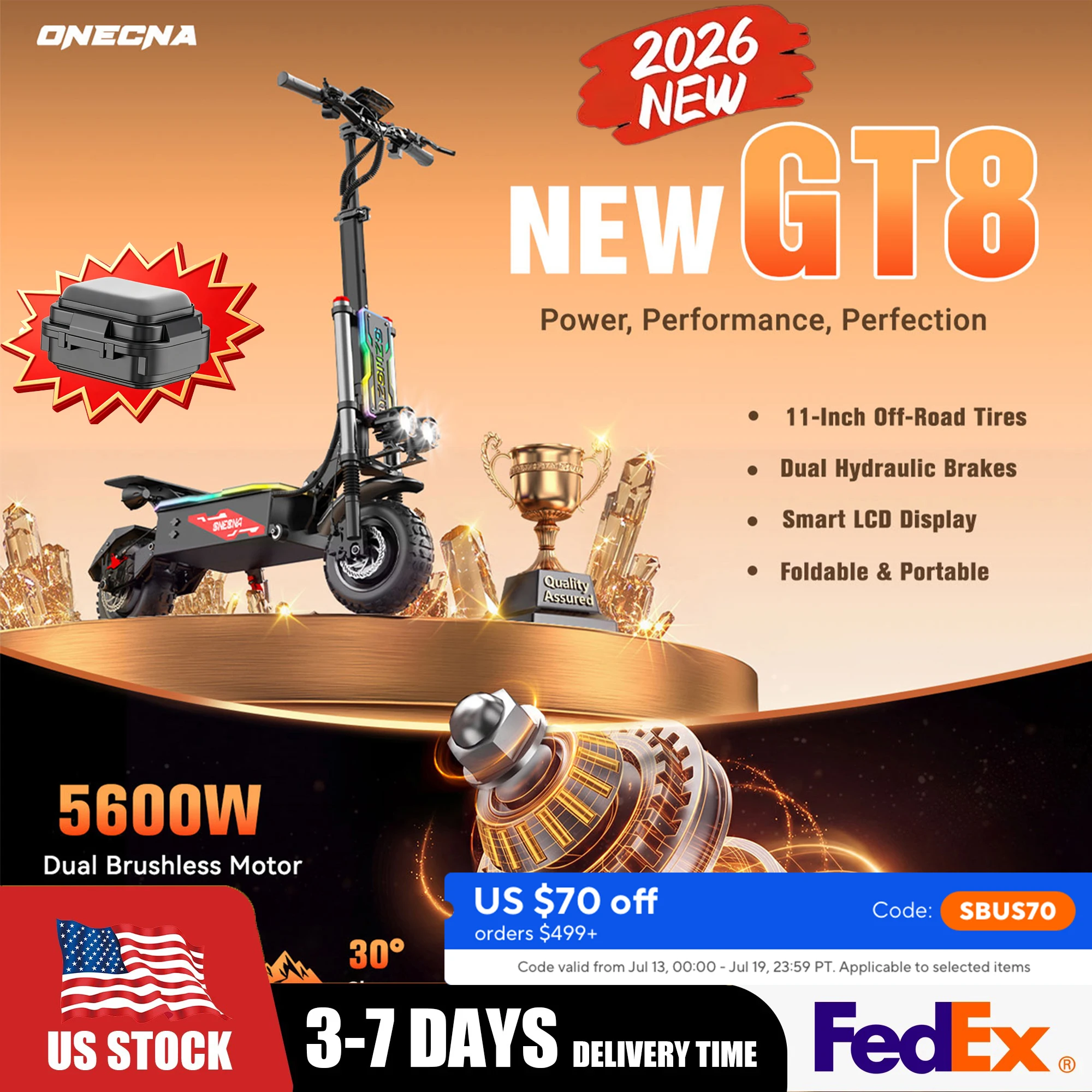 ONECNA NEW GT8PRO adult electric scooter, 5600W dual drive motor, 50MPH maximum speed 60 miles long distance, commuting electric scooter with LED RGB lights, intelligent LCD display screen, outdoor adventure heavy-duty scooter
ONECNA NEW GT8PRO adult electric scooter, 5600W dual drive motor, 50MPH maximum speed 60 miles long distance, commuting electric scooter with LED RGB lights, intelligent LCD display screen, outdoor adventure heavy-duty scooter
