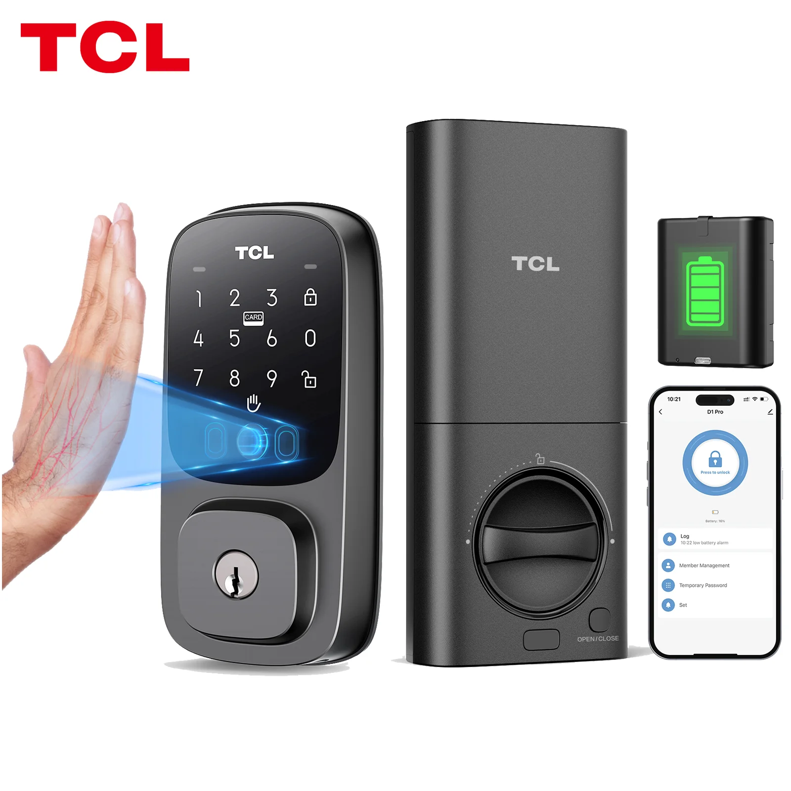 TCL Smart Lock D1 Pro Palm Vein Lock Keyless Entry Door Lock Upgraded Rechargeable Battery Front Door Smart Lock Work with Alexa
TCL Smart Lock D1 Pro Palm Vein Lock Keyless Entry Door Lock Upgraded Rechargeable Battery Front Door Smart Lock Work with Alexa