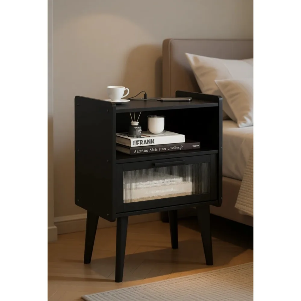 Nightstand with Charging Station Two Tier Storage for Bedroom Living Room Black
Nightstand with Charging Station Two Tier Storage for Bedroom Living Room Black