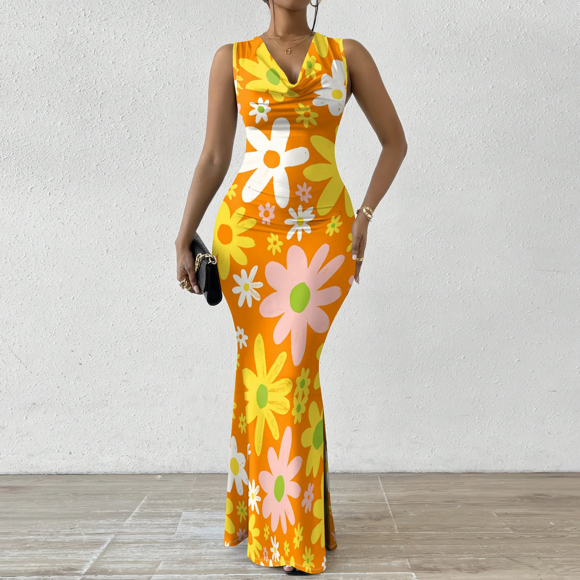Retro Orange Floral Print Maxi Dress XS-2XL Sleeveless V-Neck Cowl Style for Pride Fest, Summer Picnic or Boho Streetwear Look
Retro Orange Floral Print Maxi Dress XS-2XL Sleeveless V-Neck Cowl Style for Pride Fest, Summer Picnic or Boho Streetwear Look