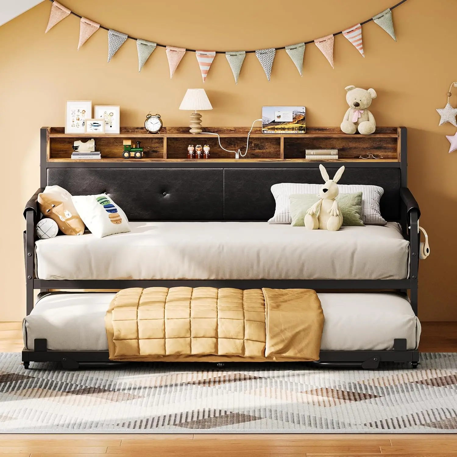 Daybed with Trundle Twin Bed Frame with Upholstered Headboard and Charging Station Sofa Day Bed
Daybed with Trundle Twin Bed Frame with Upholstered Headboard and Charging Station Sofa Day Bed