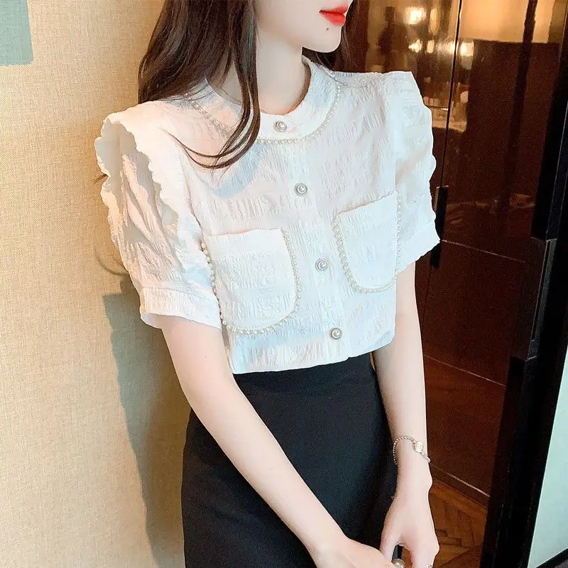 Women Summer Elegant Temperament Solid Color O-neck Short Sleeve Chiffon Shirts Ladies Fashion Ruffles All-match Casual Tops
Women Summer Elegant Temperament Solid Color O-neck Short Sleeve Chiffon Shirts Ladies Fashion Ruffles All-match Casual Tops