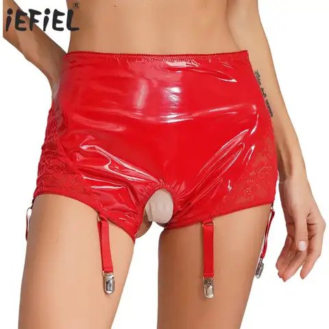 Womens Lingerie PU Leather High Waist Booty Shorts Sexy Adult Lace Opening Crotch Briefs Panties Knickers with Six Garter Clips