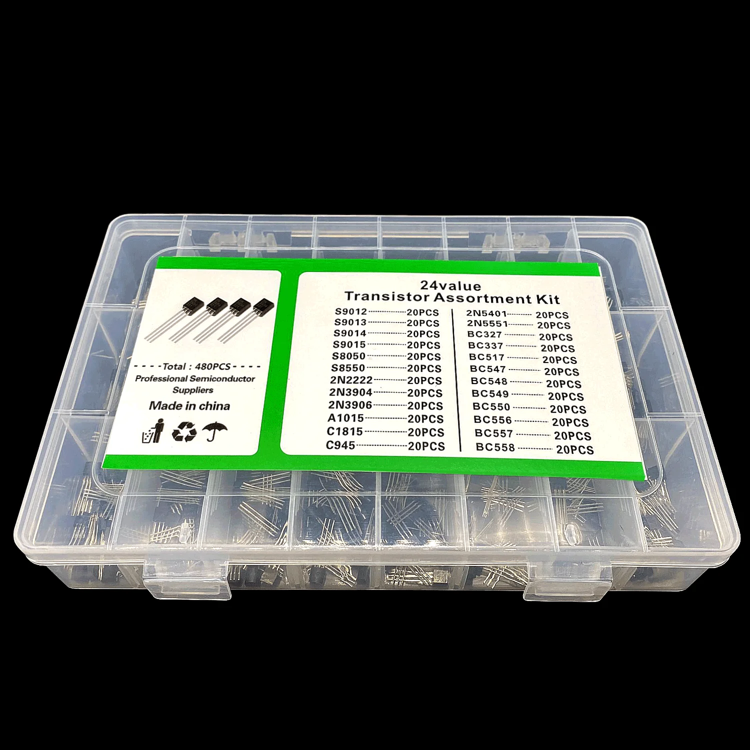To-92 Transistor Kit 24valuesx20pc=480pcs (2N3904 3906 2222 5401 5551 S9012/13/14/15 A1015 C1815/945 BC558/557/556/550/327/337/
To-92 Transistor Kit 24valuesx20pc=480pcs (2N3904 3906 2222 5401 5551 S9012/13/14/15 A1015 C1815/945 BC558/557/556/550/327/337/