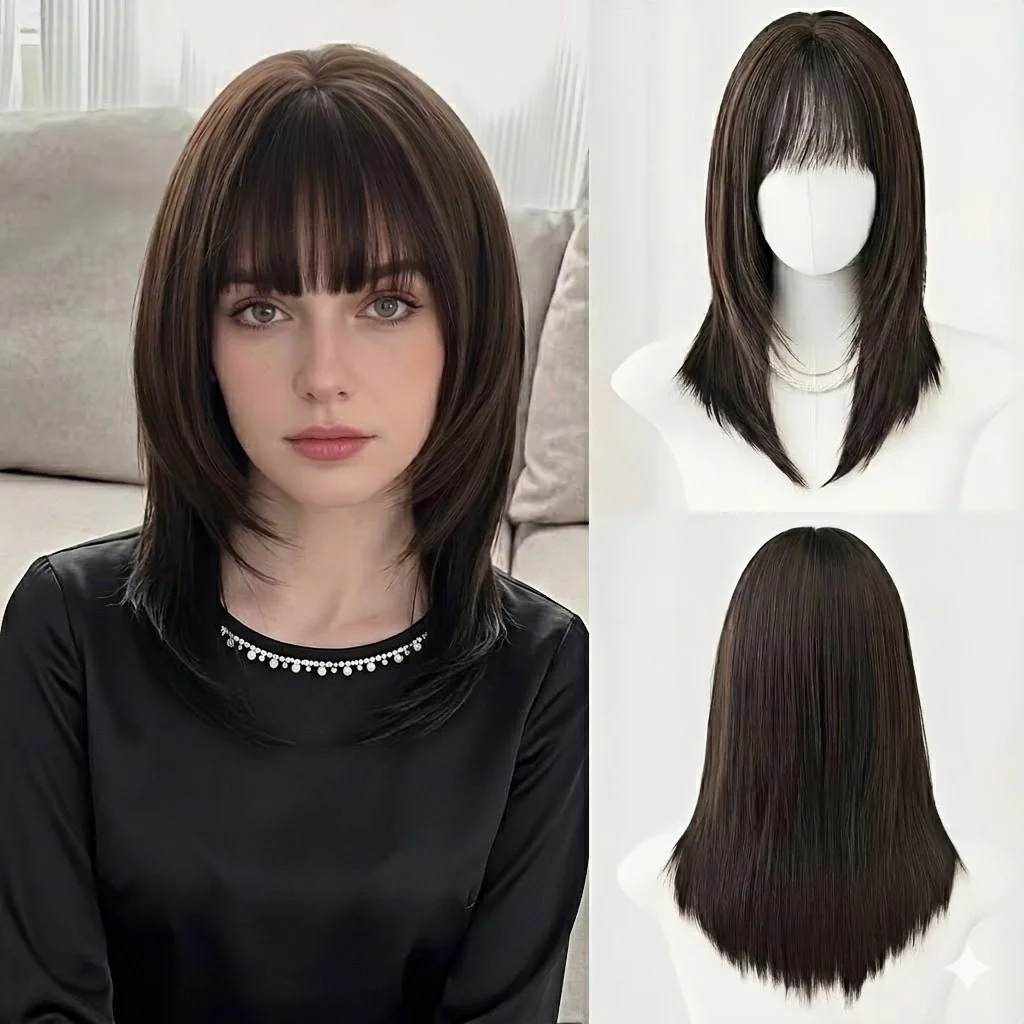 16-Inch dark brown straight hair synthetic wig, unisex - heat-resistant wolf tail wig with bangs, increased hair volume, dark br
16-Inch dark brown straight hair synthetic wig, unisex - heat-resistant wolf tail wig with bangs, increased hair volume, dark br