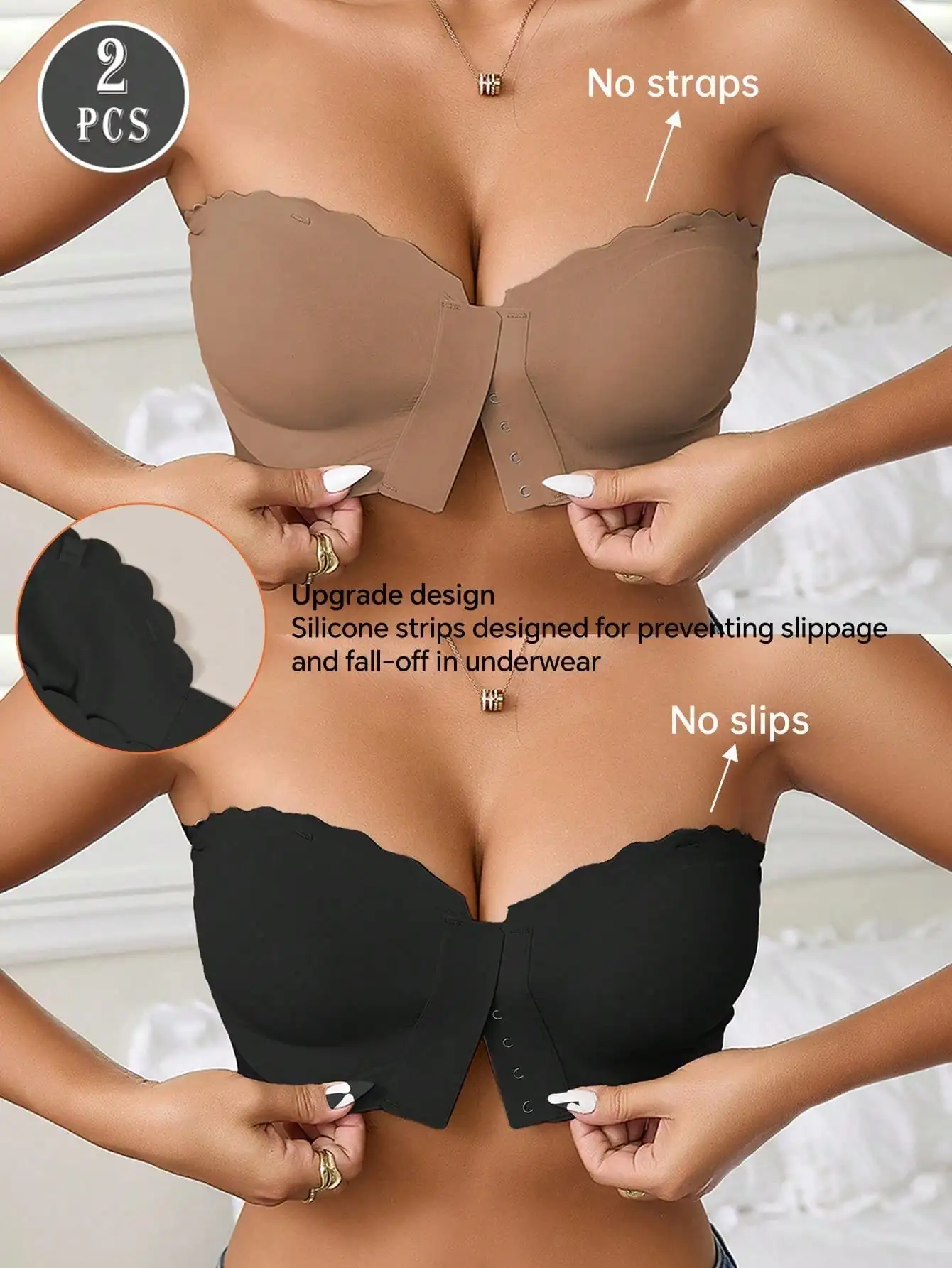 2PCS No Strap Push-Up Bandeau Bra with Silicone Strips, Front Closure, Wavy Edge, Non-Slip Design for Everyday Wear
2PCS No Strap Push-Up Bandeau Bra with Silicone Strips, Front Closure, Wavy Edge, Non-Slip Design for Everyday Wear