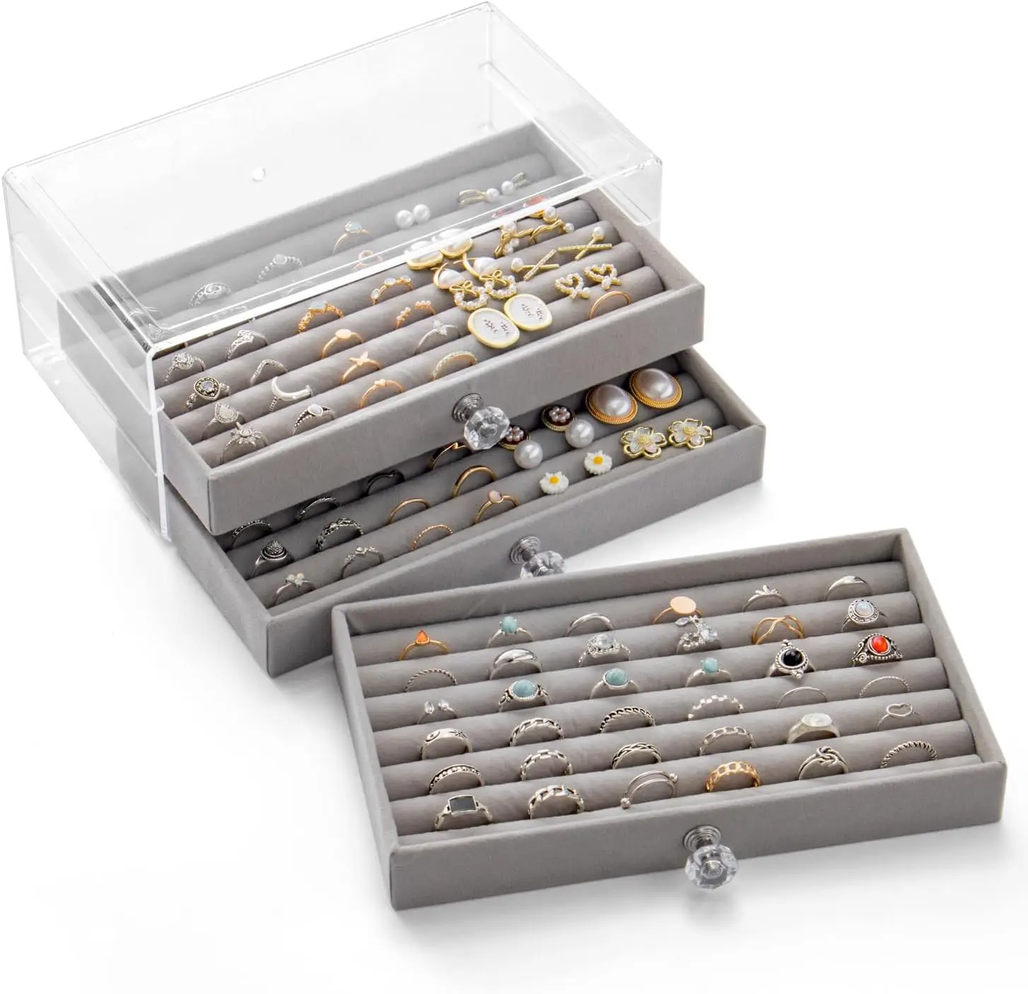 Clear Acrylic Ring Box Display Holder, Velvet Jewelry Storage Tray Organizer for Rings Stud Earrings, 3 Drawers Grey
Clear Acrylic Ring Box Display Holder, Velvet Jewelry Storage Tray Organizer for Rings Stud Earrings, 3 Drawers Grey