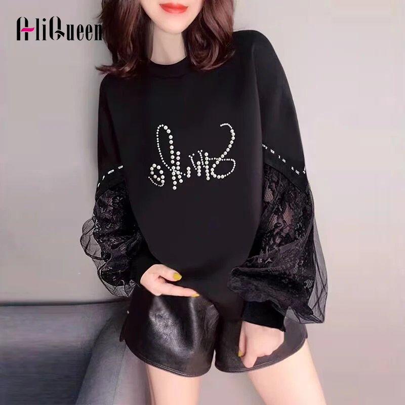 Korean Women Long Sleeve Lace Patchwork Print Sweatshirt T-shirt Autumn Female Casual Loose Black Pullovers Tops 5XL
Korean Women Long Sleeve Lace Patchwork Print Sweatshirt T-shirt Autumn Female Casual Loose Black Pullovers Tops 5XL