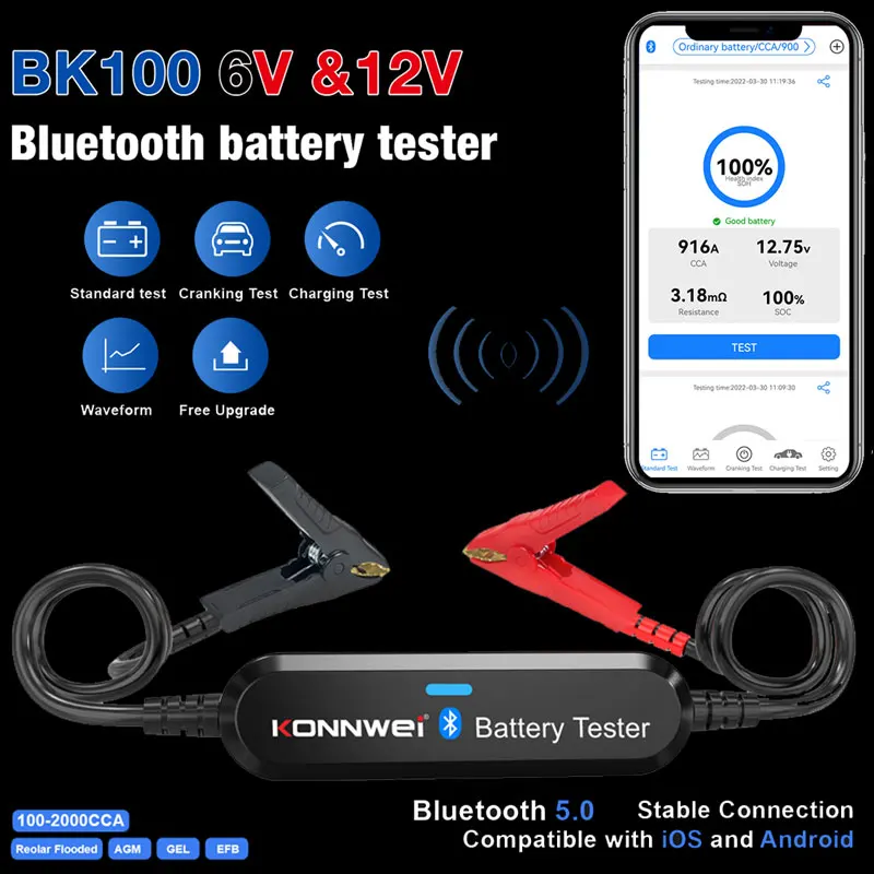 KONNWEI BK100 6V 12V Bluetooth 5.0 For Android/iOS Cars Motorcycle Battery Tester Battery Monitor Charging Cranking Test Tools
KONNWEI BK100 6V 12V Bluetooth 5.0 For Android/iOS Cars Motorcycle Battery Tester Battery Monitor Charging Cranking Test Tools