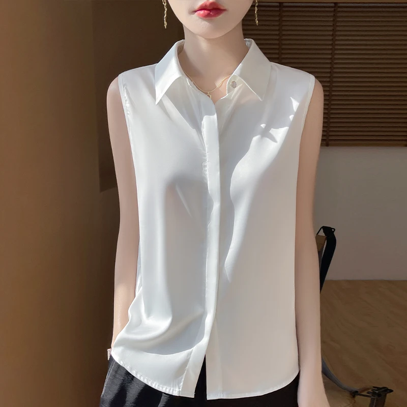 Summer Fashion Elegant Satin Solid Color Ladies Polo Neck Shirt Sleeveless Slim And Versatile
Summer Fashion Elegant Satin Solid Color Ladies Polo Neck Shirt Sleeveless Slim And Versatile