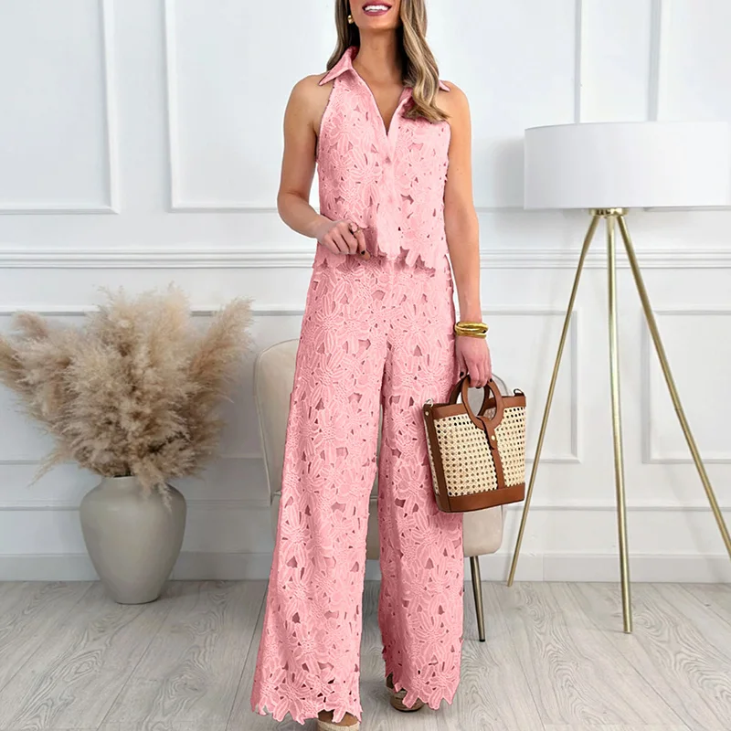 Women Casual Sleeveless Solid Color Outfits Fashion Lapel Button Top & Long Pant Suits Sexy Embroidery Hollow Out Loose 2Pc Set 
Women Casual Sleeveless Solid Color Outfits Fashion Lapel Button Top & Long Pant Suits Sexy Embroidery Hollow Out Loose 2Pc Set