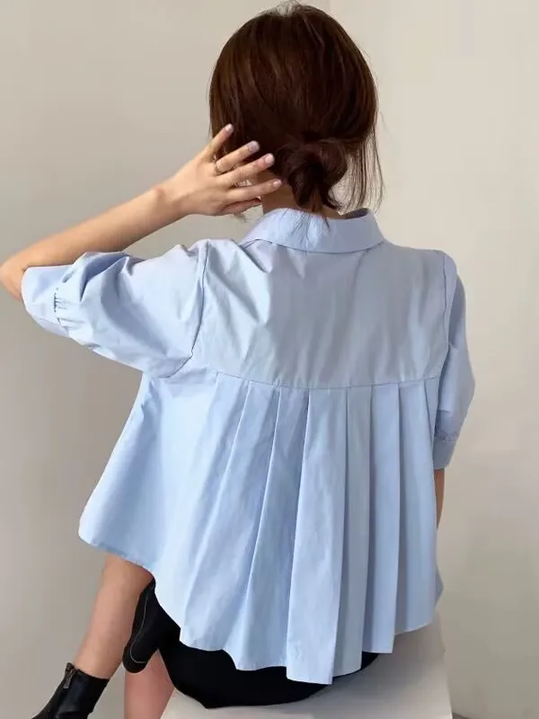 Chic Summer Women's Loose Bubble Sleeve Shirt Pure Color Back Pleat Design Korean Style Short Sleeve Collar Top
Chic Summer Women's Loose Bubble Sleeve Shirt Pure Color Back Pleat Design Korean Style Short Sleeve Collar Top