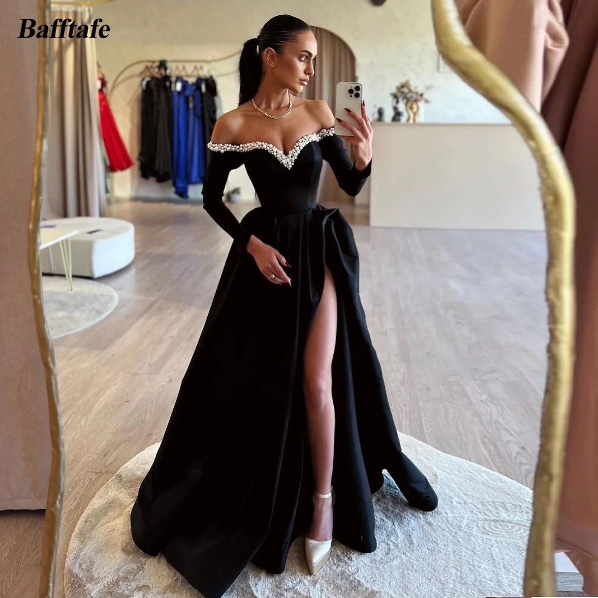Bafftafe A Line Black Satin Prom Dresses Long Sleeves Off The Shoulder Beaded Slit Side Women Party Dress Special Evening Gowns
Bafftafe A Line Black Satin Prom Dresses Long Sleeves Off The Shoulder Beaded Slit Side Women Party Dress Special Evening Gowns