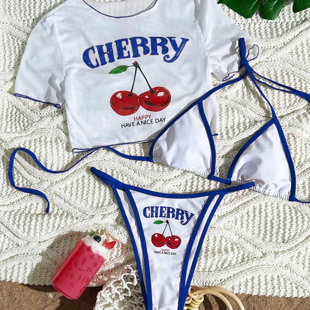 Female Bikini Cherry Printed Short Sleeve Split-Type Swimsuit Swimsuit Fashion Sexy Three-Pieces Bikini Set Bather Bathing Suit
Female Bikini Cherry Printed Short Sleeve Split-Type Swimsuit Swimsuit Fashion Sexy Three-Pieces Bikini Set Bather Bathing Suit