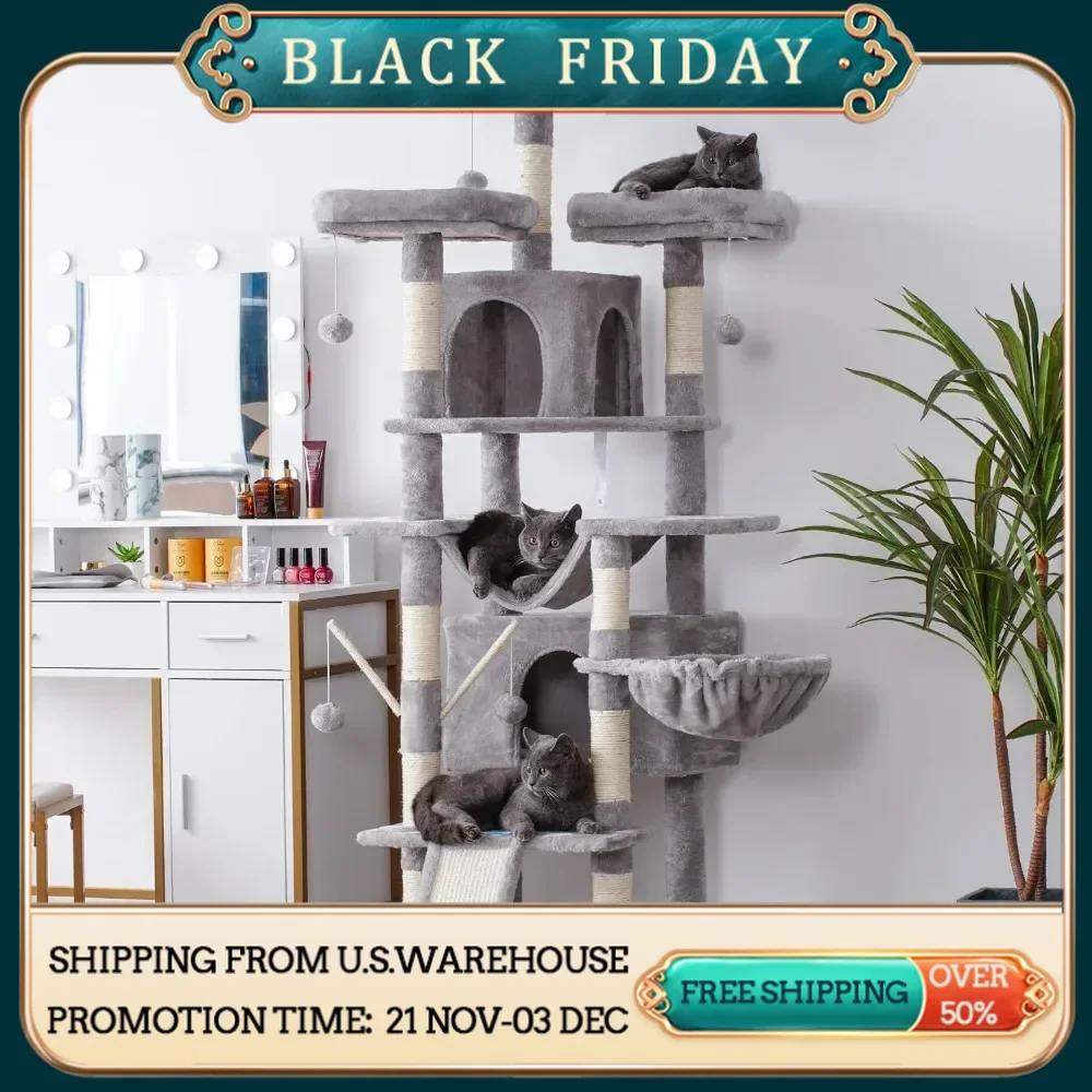 Indoor cat tower, multi story cat house with 3 soft cushioned habitats, 2 pet apartments and grab pillars, cat pillars
Indoor cat tower, multi story cat house with 3 soft cushioned habitats, 2 pet apartments and grab pillars, cat pillars