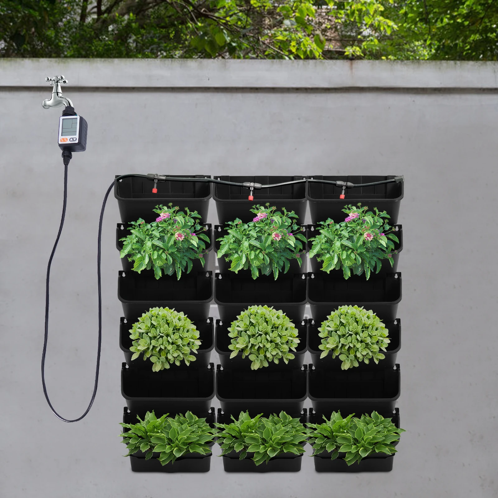Black, 18-Pot Hanging Planter Set with Timer, Auto Drip Irrigation, Self-Watering Wall Planter, Indoor Outdoor Garden Wall Decor
Black, 18-Pot Hanging Planter Set with Timer, Auto Drip Irrigation, Self-Watering Wall Planter, Indoor Outdoor Garden Wall Decor