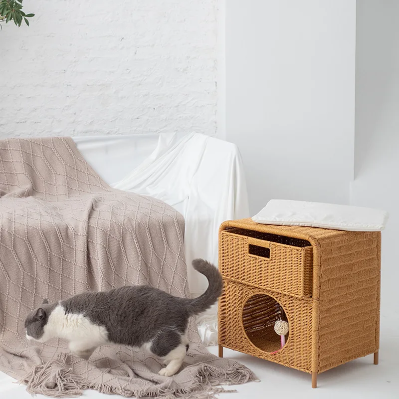 Hand-Woven Pet Bed All-Season Available Cat House with 2 Layer Rattan Nightstand Semi-Enclosed Cat Nest Cozy Pet Cave for Indoor
Hand-Woven Pet Bed All-Season Available Cat House with 2 Layer Rattan Nightstand Semi-Enclosed Cat Nest Cozy Pet Cave for Indoor