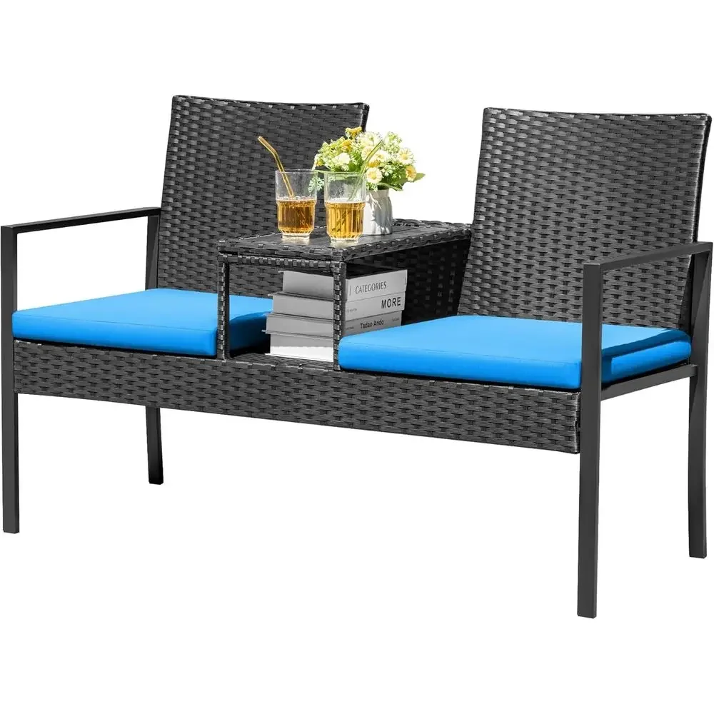Outdoor Wicker Loveseat Set with Built-in Table and Cushions for Patio, Porch, or Lawn (Blue)
Outdoor Wicker Loveseat Set with Built-in Table and Cushions for Patio, Porch, or Lawn (Blue)