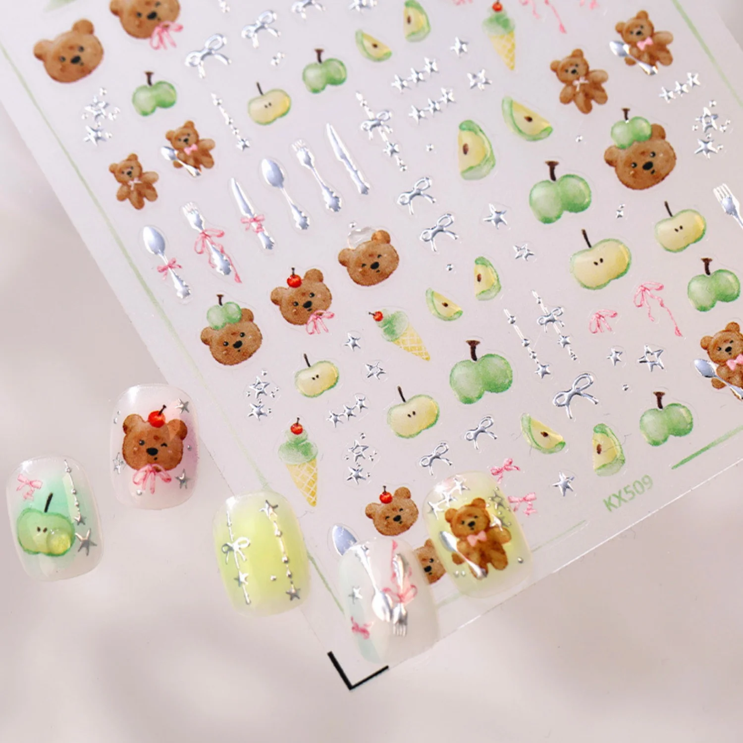 Watercolor Cute Bear 5D Nail Stickers Dessert Tableware Green Apple Ice Cream Bow Knife Fork Floral Star Self Adhesive Decals
Watercolor Cute Bear 5D Nail Stickers Dessert Tableware Green Apple Ice Cream Bow Knife Fork Floral Star Self Adhesive Decals