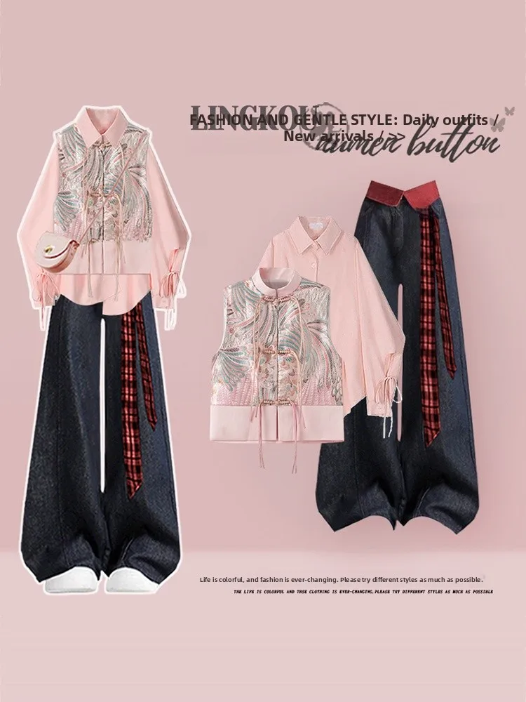 Ele Embroidered Women's Tee-Piece Set Oversize Denim Vest Base irt Vintage Jeans Autumn Winter Faion Ensemble
Ele Embroidered Women's Tee-Piece Set Oversize Denim Vest Base irt Vintage Jeans Autumn Winter Faion Ensemble