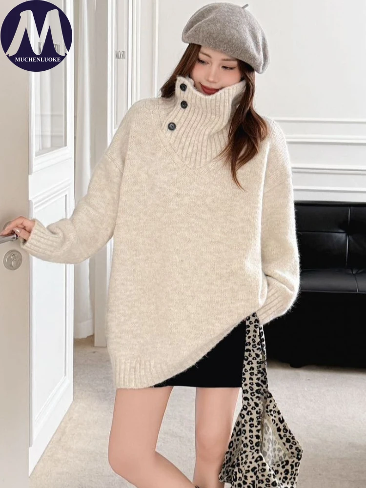 Женский осенне-зимний вязаный свитер с высоким воротом на пуговицах, ленивый стиль, повседневный свободный толстый теплый корейский модный пуловер
Женский осенне-зимний вязаный свитер с высоким воротом на пуговицах, ленивый стиль, повседневный свободный толстый теплый корейский модный пуловер