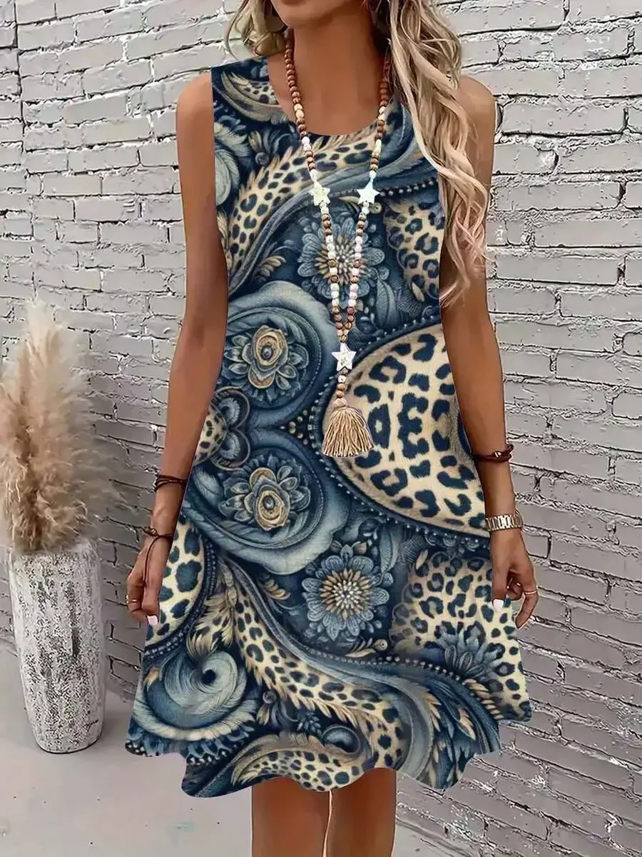 Blue Leopard And Floral Print Sleeveless Dress With Tassel Necklace For Casual Wear
Blue Leopard And Floral Print Sleeveless Dress With Tassel Necklace For Casual Wear