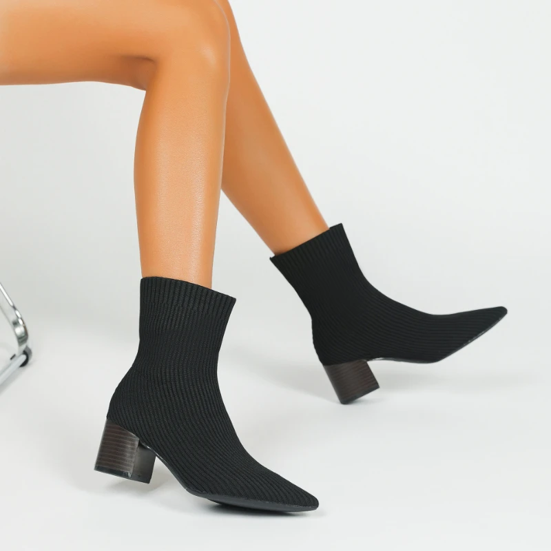 Black Square Toe Knit Sock Boots Elastic Slim Thick Block Heel High Heels Short Boots Fashion Autumn Casual Skinny Ankle Boots 5 S0b7755a6653a4f2ea668f2457bbc9961U