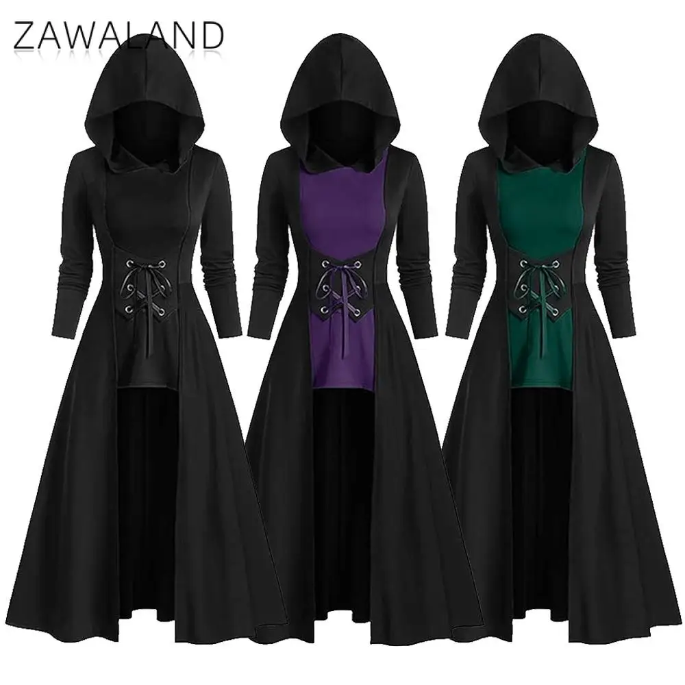 Zawaland Gothic Medieval Costume Women Halloween Hooded Witch Dress Black Lace-Up Maxi Dresses Carnival Themed Party Outfit
Zawaland Gothic Medieval Costume Women Halloween Hooded Witch Dress Black Lace-Up Maxi Dresses Carnival Themed Party Outfit