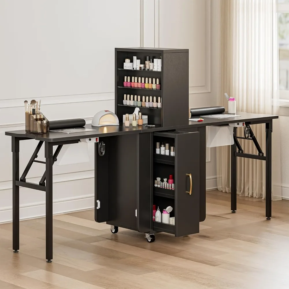 Foldable nail table, locking wheels, double-sided open shelves and drawers, 2 desktop foldable nail workstations with wrist pads
Foldable nail table, locking wheels, double-sided open shelves and drawers, 2 desktop foldable nail workstations with wrist pads