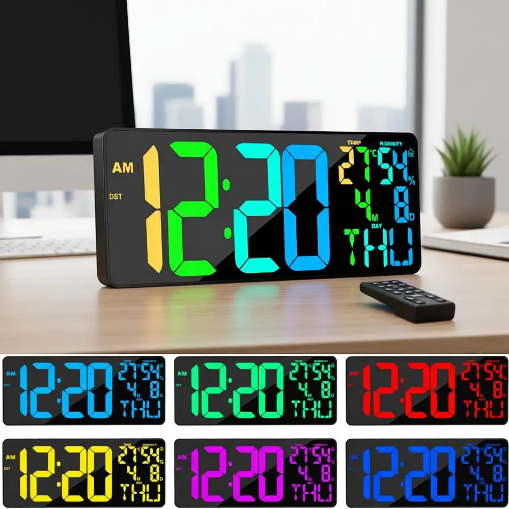 Настенные цифровые часы с большим дисплеем, 11 цветов RGB, изменение цвета, пульт ДУ, дата, летнее время, температура, автоматическая регулировка яркости, будильник
Настенные цифровые часы с большим дисплеем, 11 цветов RGB, изменение цвета, пульт ДУ, дата, летнее время, температура, автоматическая регулировка яркости, будильник