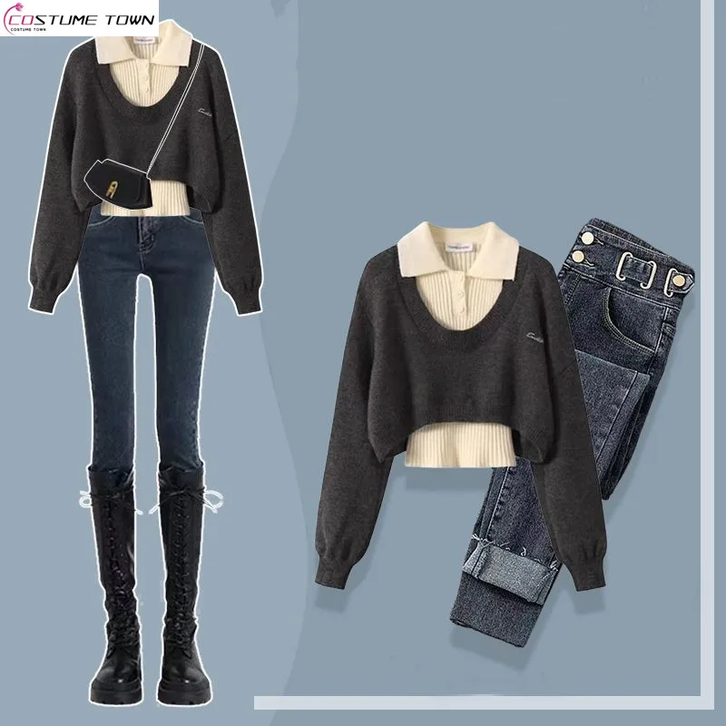 Spring Women's Set 2024 Korean Edition New Maillard Fashion Knitted Sweater+Tank Top+Slimming Jeans 3-Piece Set
Spring Women's Set 2024 Korean Edition New Maillard Fashion Knitted Sweater+Tank Top+Slimming Jeans 3-Piece Set