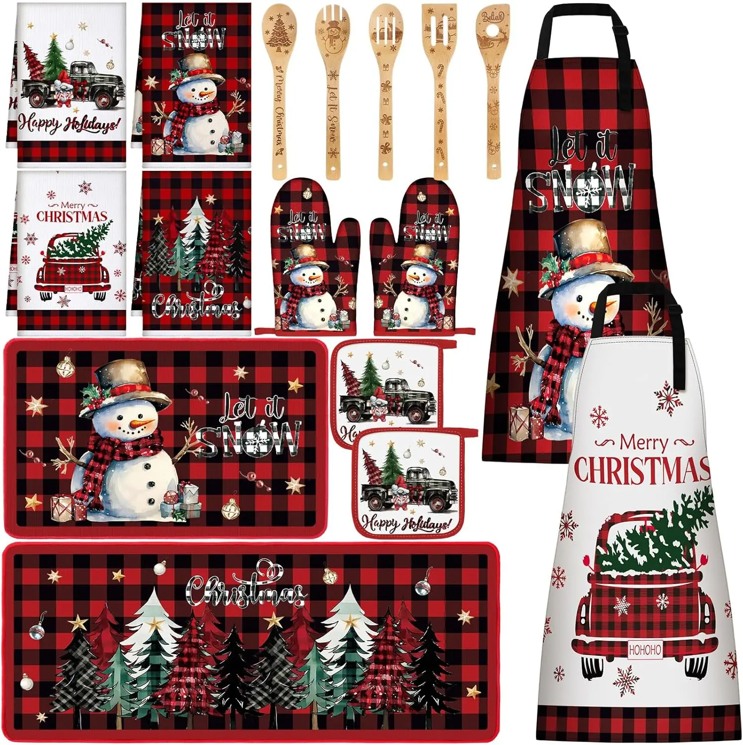 17-Piece Christmas Kitchen Set: Plaid Rug, Snowman Apron, Dish Towels, Wooden Spoons & More
17-Piece Christmas Kitchen Set: Plaid Rug, Snowman Apron, Dish Towels, Wooden Spoons & More