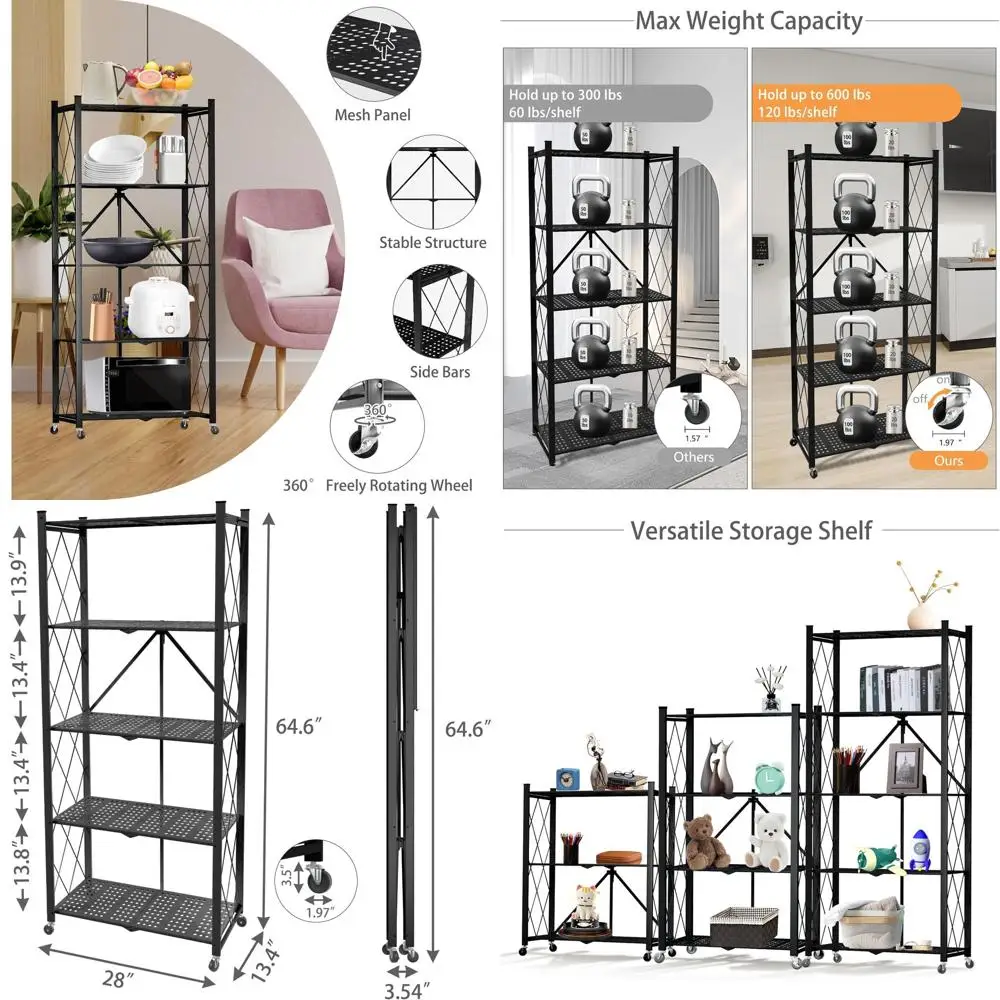 5-Tier Rolling Metal Collapsible Shelves Organizer Rack for Kitchen, Pantry, Office - Portable Utility Stand, Black
5-Tier Rolling Metal Collapsible Shelves Organizer Rack for Kitchen, Pantry, Office - Portable Utility Stand, Black