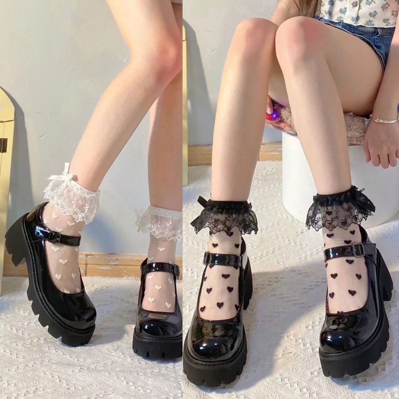E15E Women Transparent Mesh Socks Sweet Ruffled Lace Trim Bowknot Love Heart Pattern Anime Princess Hosiery
E15E Women Transparent Mesh Socks Sweet Ruffled Lace Trim Bowknot Love Heart Pattern Anime Princess Hosiery