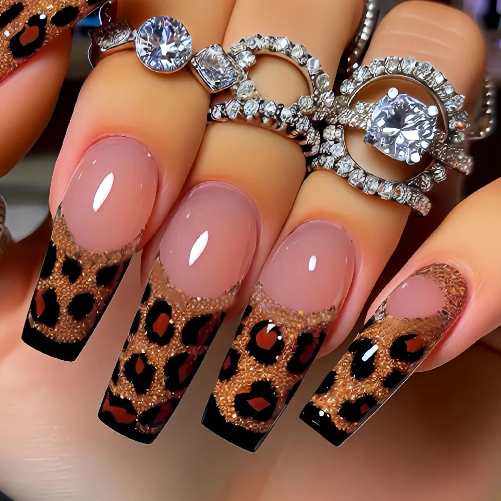 24PCS Shiny French Long Coffin False Nail with Glue Dark Sequin Leopard Print Design Fake Nail for Spice Girls Wearable Press On
24PCS Shiny French Long Coffin False Nail with Glue Dark Sequin Leopard Print Design Fake Nail for Spice Girls Wearable Press On