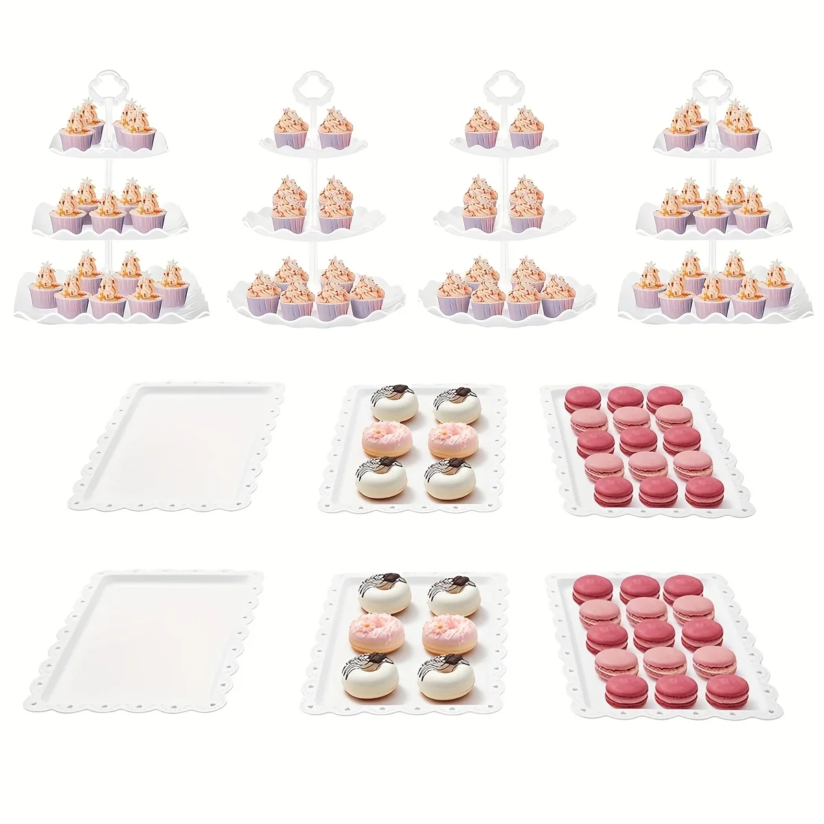 10pcs Dessert Table Display Set - 2 3-Tier Round Cupcake Stands & 2 3-Tier Square Cupcake Stands & 6 Tray Combination, for Tea Parties, Birthdays, Baby Showers (Scalloped Round/Square)
10pcs Dessert Table Display Set - 2 3-Tier Round Cupcake Stands & 2 3-Tier Square Cupcake Stands & 6 Tray Combination, for Tea Parties, Birthdays, Baby Showers (Scalloped Round/Square)