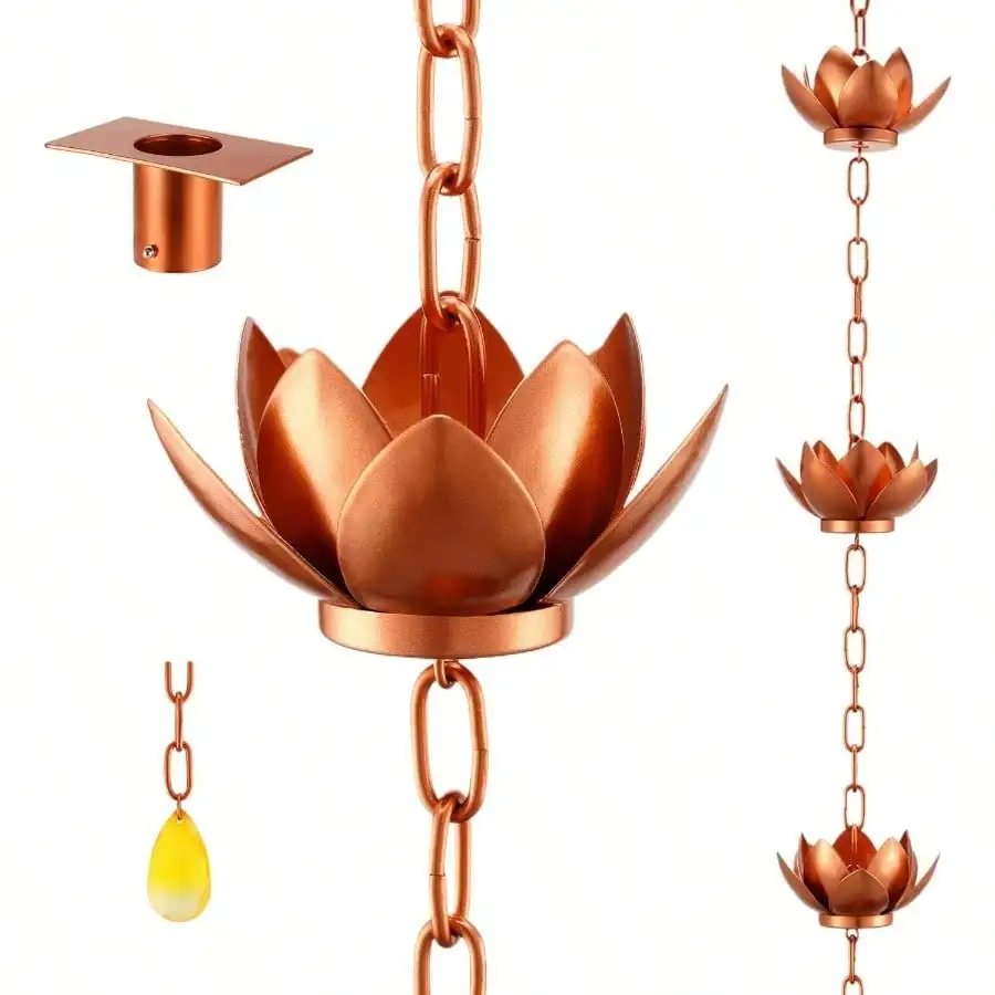 Rain Chain With Adapter, 8.5ft Adjustable Rain Catcher Chain Gutters Outside Downspout, Divert And Home Display, Copper Powder Coated
Rain Chain With Adapter, 8.5ft Adjustable Rain Catcher Chain Gutters Outside Downspout, Divert And Home Display, Copper Powder Coated
