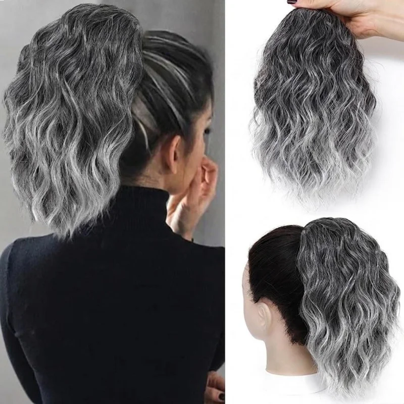 14 Inch clip-in curly synthetic ponytail, black grey. Soft wavy hair, easy to attach for daily and party styling.
14 Inch clip-in curly synthetic ponytail, black grey. Soft wavy hair, easy to attach for daily and party styling.