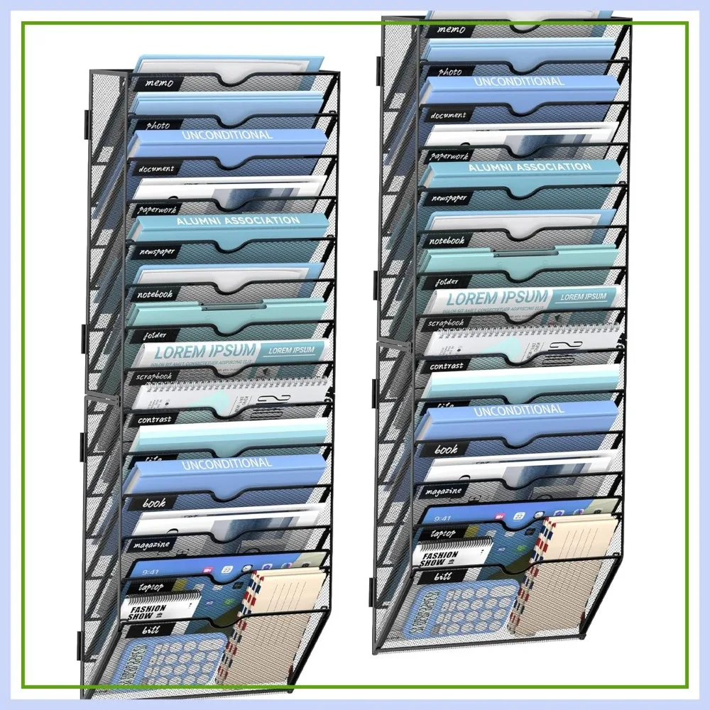 14 Tier Wall Hanging File Organizer, Metal Paper Holder Wall Mounted, Black 2 Pack for Office Home School
14 Tier Wall Hanging File Organizer, Metal Paper Holder Wall Mounted, Black 2 Pack for Office Home School