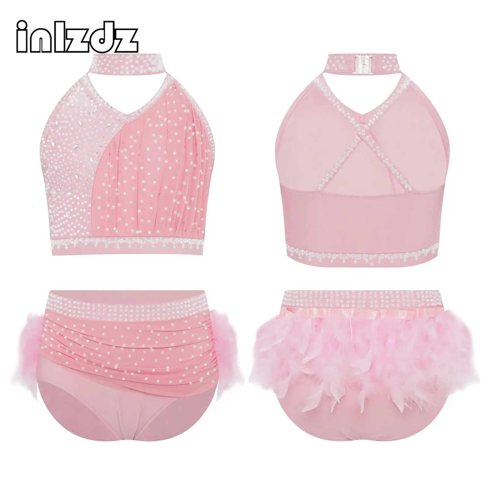 Kids Girls Latin Dance Performance Outfit Cross Back Rhinestones Ruched Crop Top with Elastic Waistband Feather Briefs Skirt
Kids Girls Latin Dance Performance Outfit Cross Back Rhinestones Ruched Crop Top with Elastic Waistband Feather Briefs Skirt