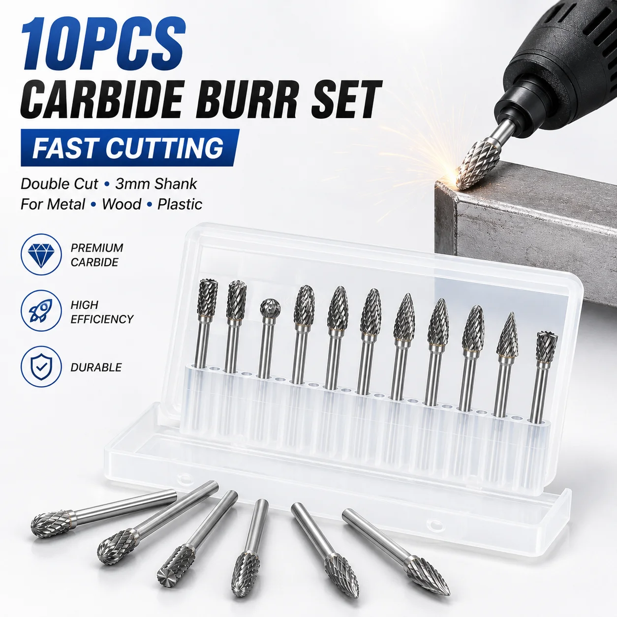 Double Cut Carbide Burr Set 10pcs 3mm Shank Die Grinder Bits for Dremel Rotary Metal Carving Grinding Tool
Double Cut Carbide Burr Set 10pcs 3mm Shank Die Grinder Bits for Dremel Rotary Metal Carving Grinding Tool