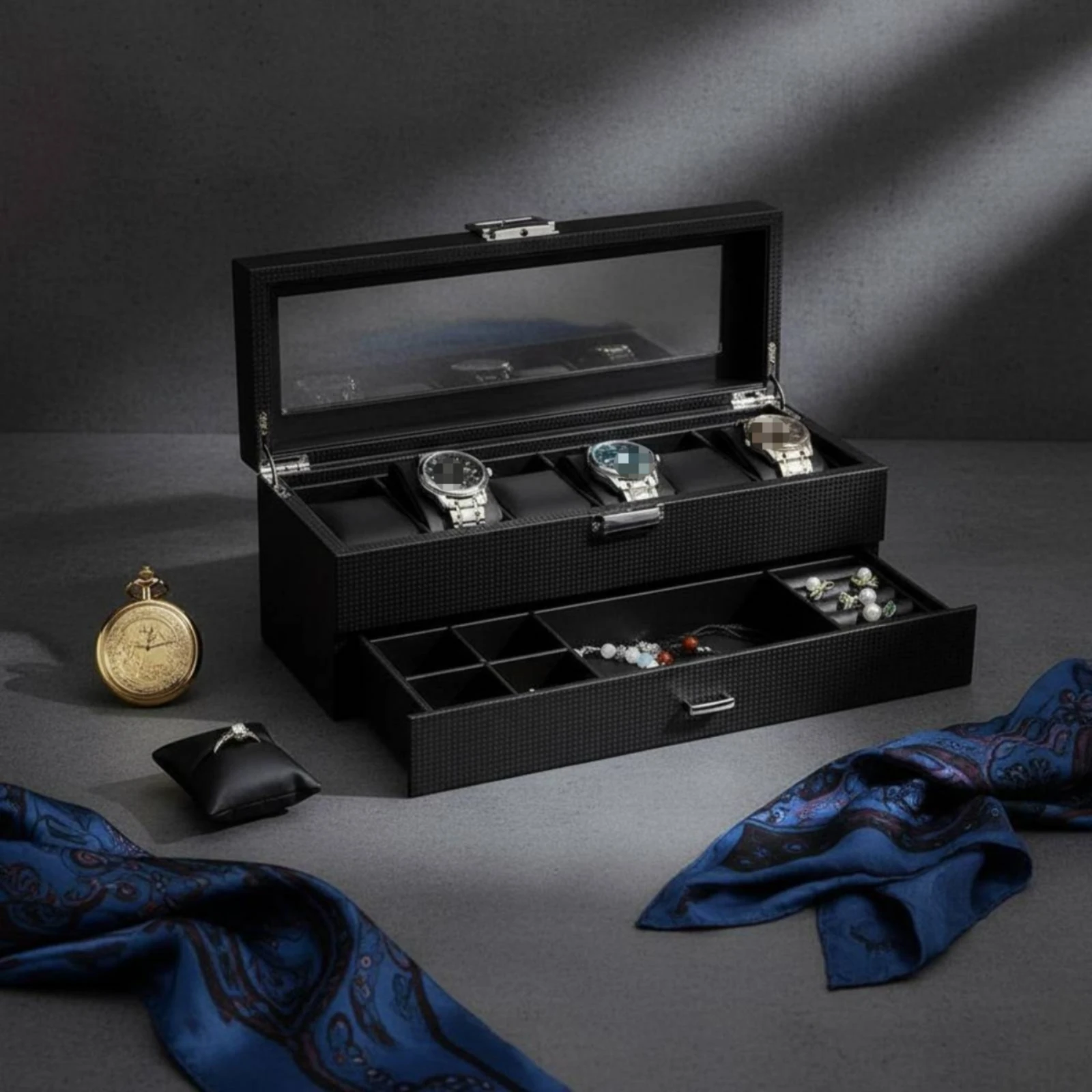 Double-Layer Watch Box Pull-out Drawer 2-Layer Watch Case Jewelry Storage Box Cushioned Pillows Glass Lid Display Case
Double-Layer Watch Box Pull-out Drawer 2-Layer Watch Case Jewelry Storage Box Cushioned Pillows Glass Lid Display Case