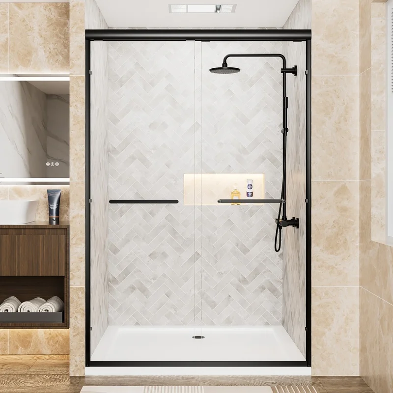 44"-48" W x 72" H Matte Black Aluminum Frame Double Sliding Shower Door, 6mm Clear Tempered Glass with Explosion-Proof Film, Dual Stainless Steel Handles
44"-48" W x 72" H Matte Black Aluminum Frame Double Sliding Shower Door, 6mm Clear Tempered Glass with Explosion-Proof Film, Dual Stainless Steel Handles